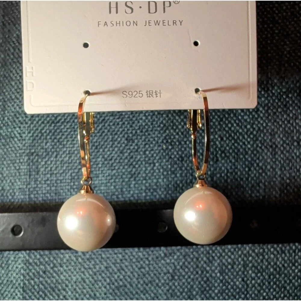 HS DP Fashion Pearl Drop Hoop Earrings 14K Gold Plated S925 Post Classic